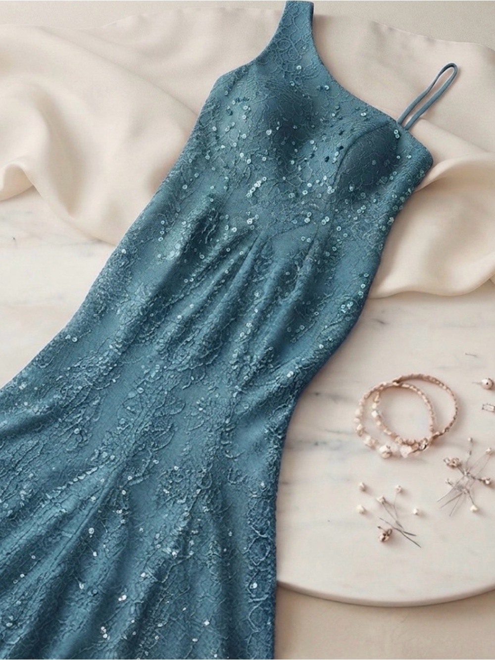 Jessica Howard Teal One-Shoulder Sequin Mermaid Gown